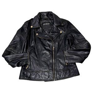 Guess Jacket Womens M Black Buttersoft Leather Moto Crop Goth Punk Biker Concert